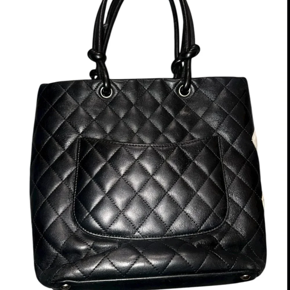CHANEL Cambon Black and Cream Quilted Tote with pink interior